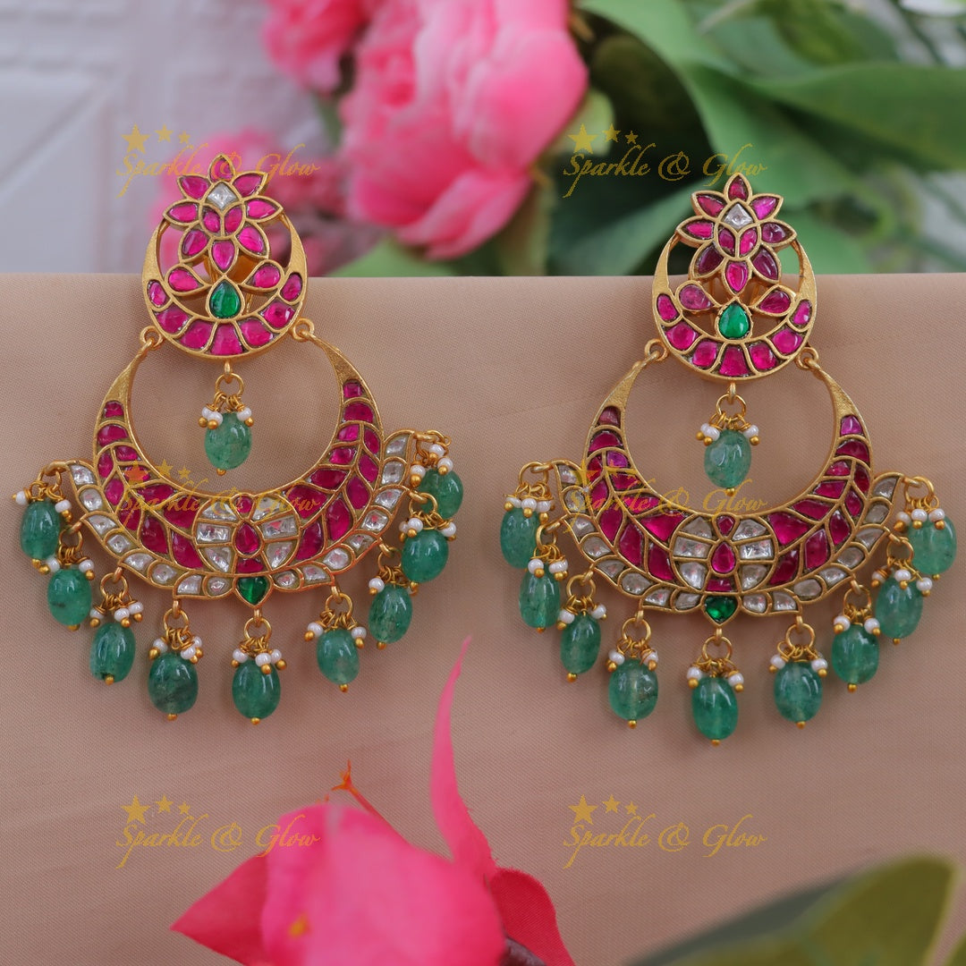 Elegant Jadau Green Bead Chandbali Earrings for Weddings