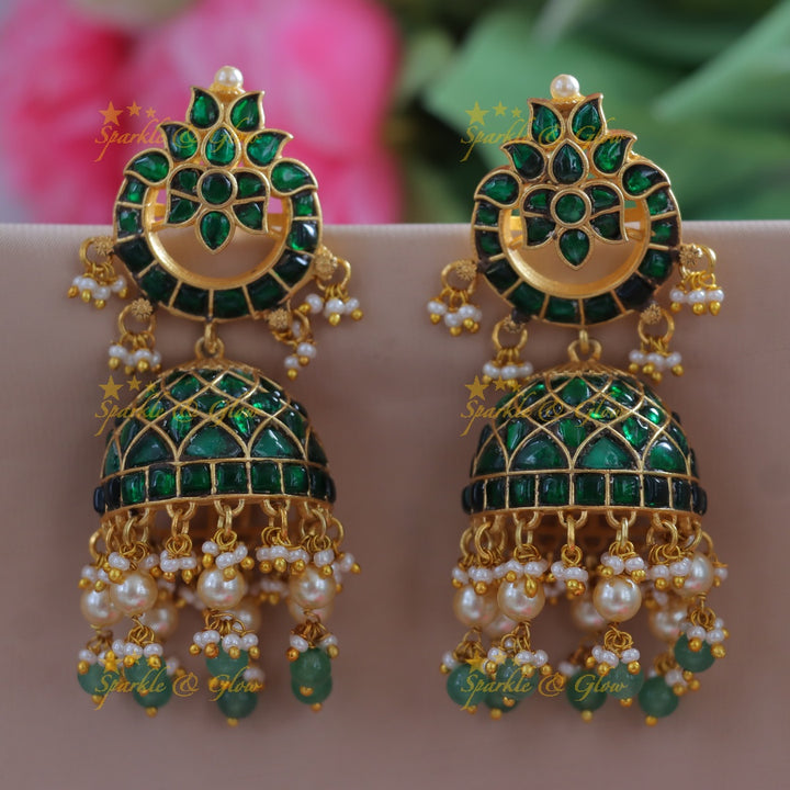 Exquisite Green Jadau Jhumka Earrings for Festive Elegance