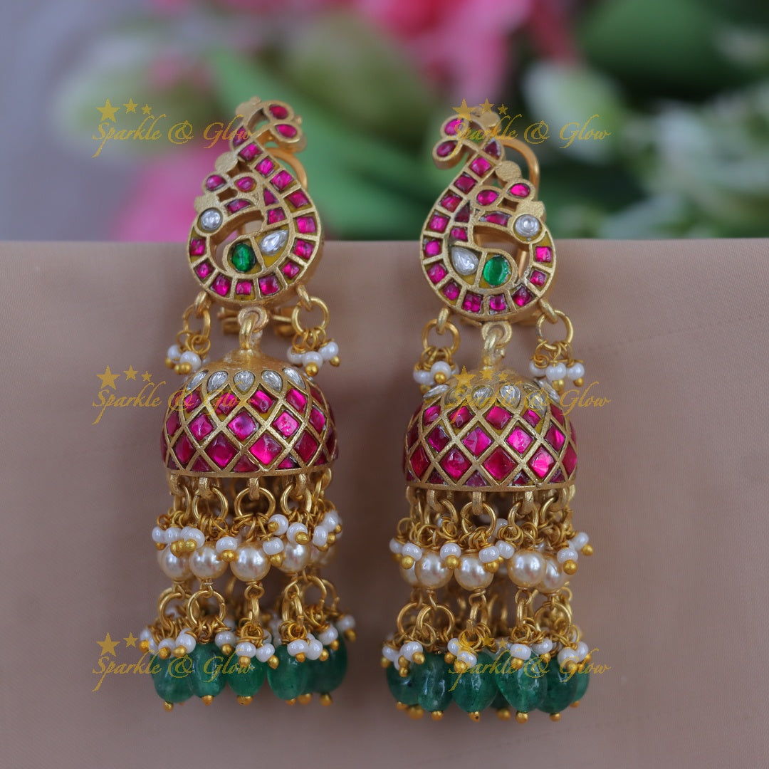 Exquisite Peacock Pearl Jadau Jhumkas for Festive Glam