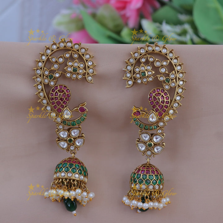 Glamorous Peacock Mango Floral Cuff Jhumka Earrings