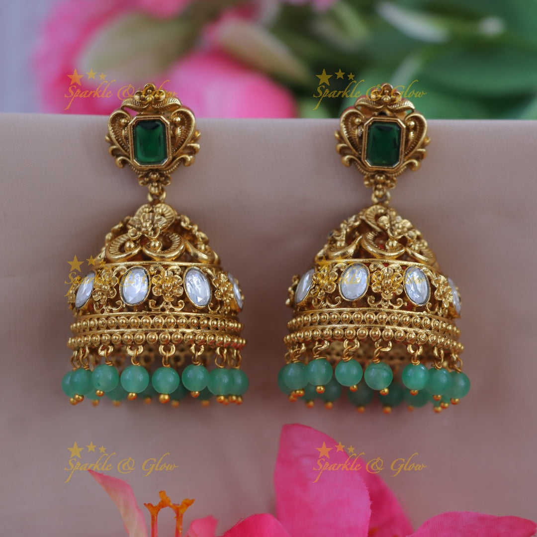 Exquisite Gold Floral Green Bead Jhumka Earrings
