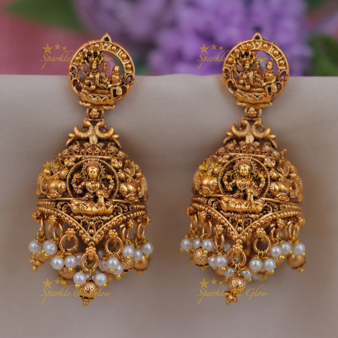 Exquisite Temple Gold Earrings with Vishnu & Lakshmi