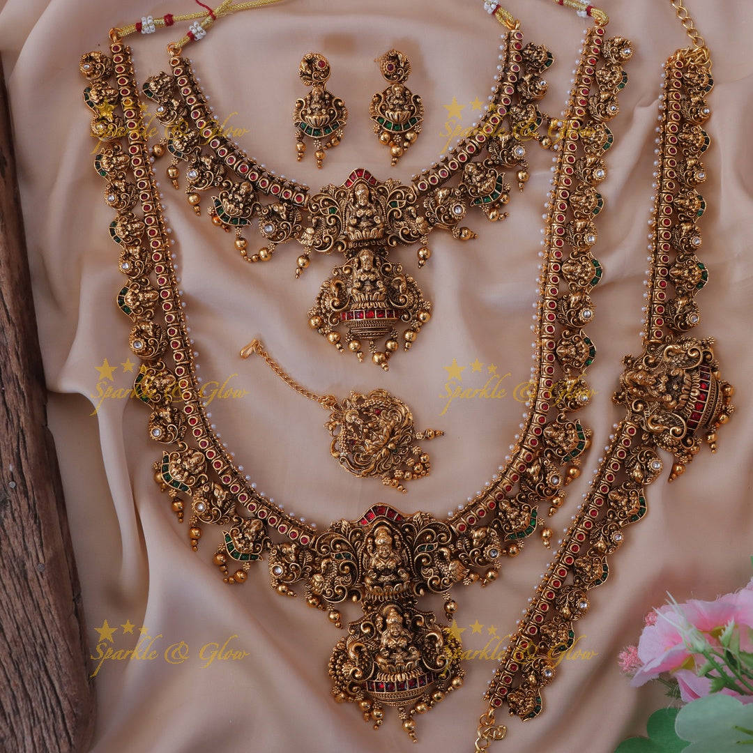 Radiant Lakshmi Temple Bridal Necklace Set in Gold Tone