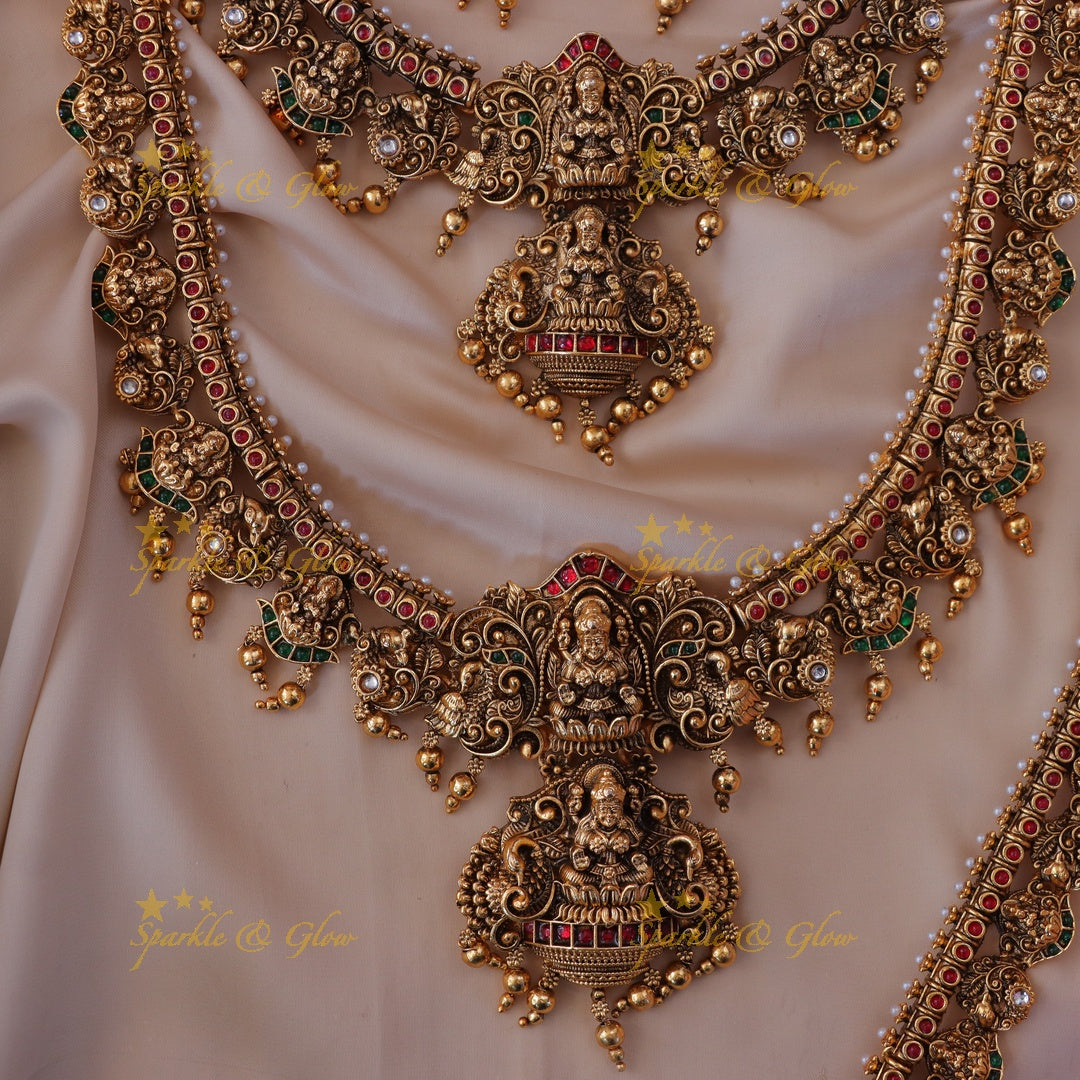 Radiant Lakshmi Temple Bridal Necklace Set in Gold Tone