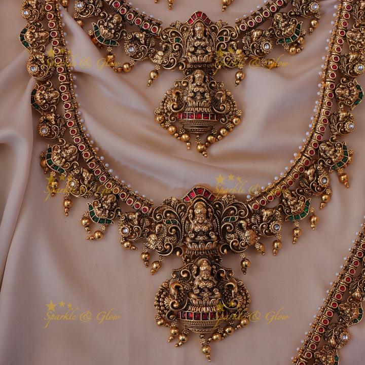 Radiant Lakshmi Temple Bridal Necklace Set in Gold Tone
