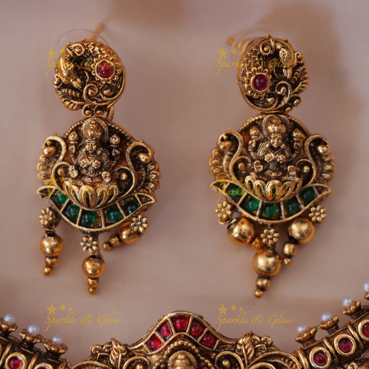 Radiant Lakshmi Temple Bridal Necklace Set in Gold Tone