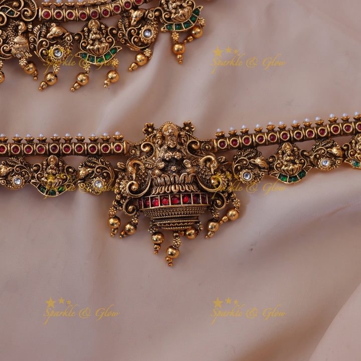 Radiant Lakshmi Temple Bridal Necklace Set in Gold Tone