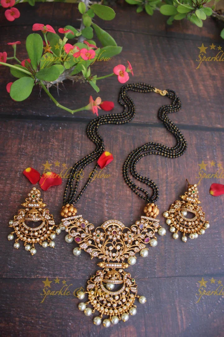 Black beads Cz stone premium matte pendent long chain - Sparkle and Glow