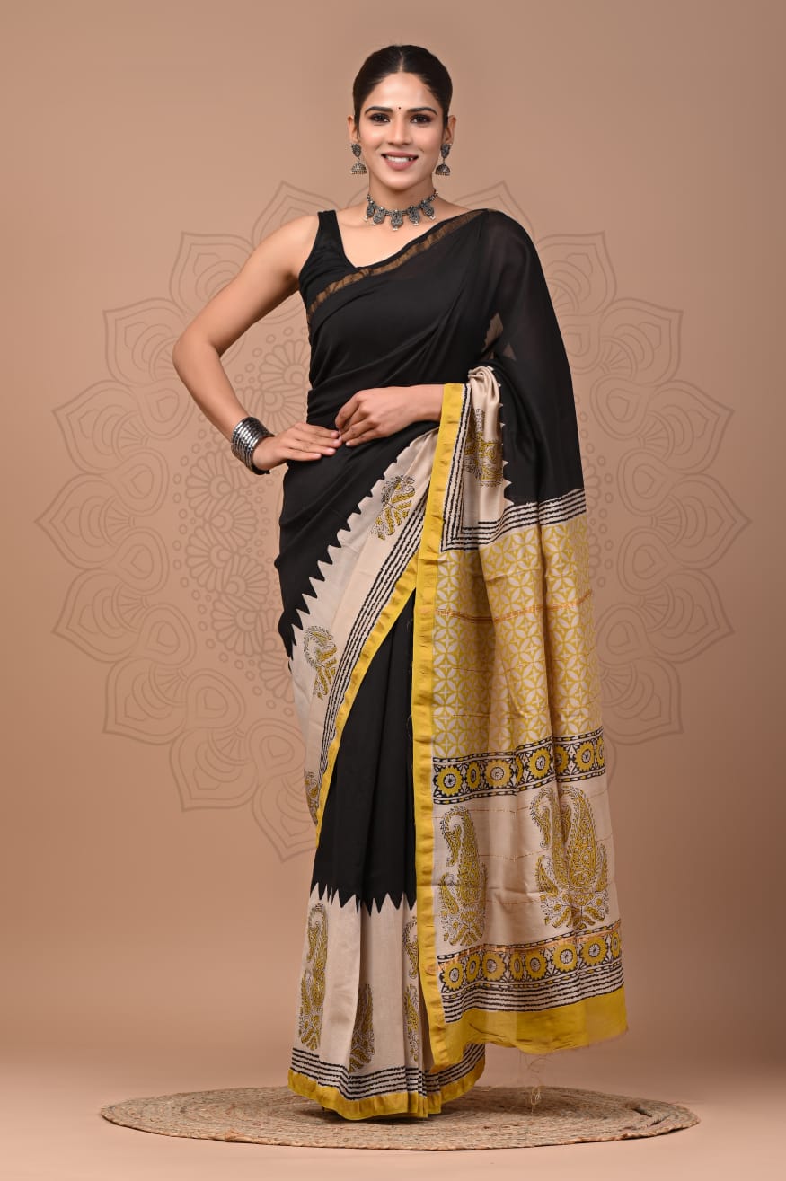 Elegant Chanderi Silk Saree - Festive Handblock Design