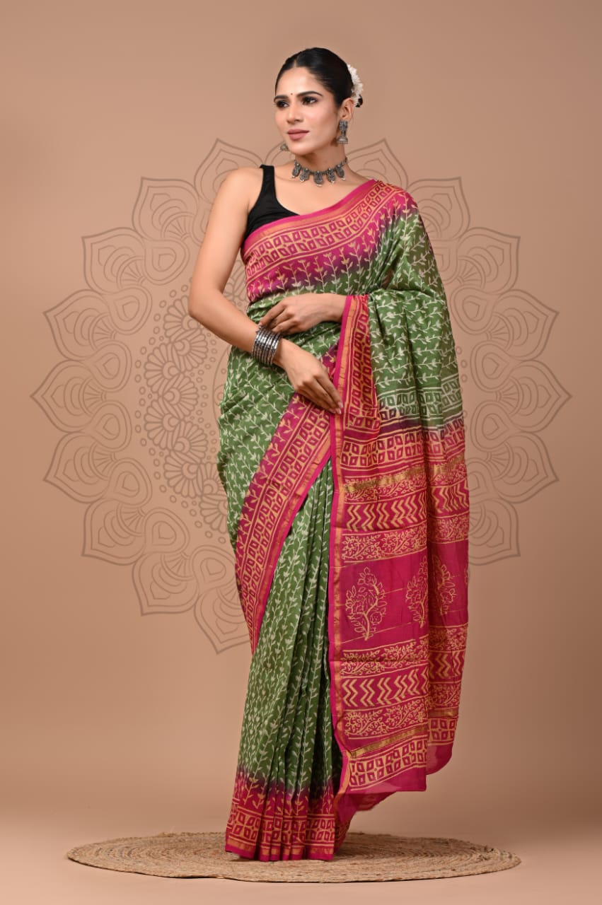 Elegant Hand block printed chanderi silk Saree