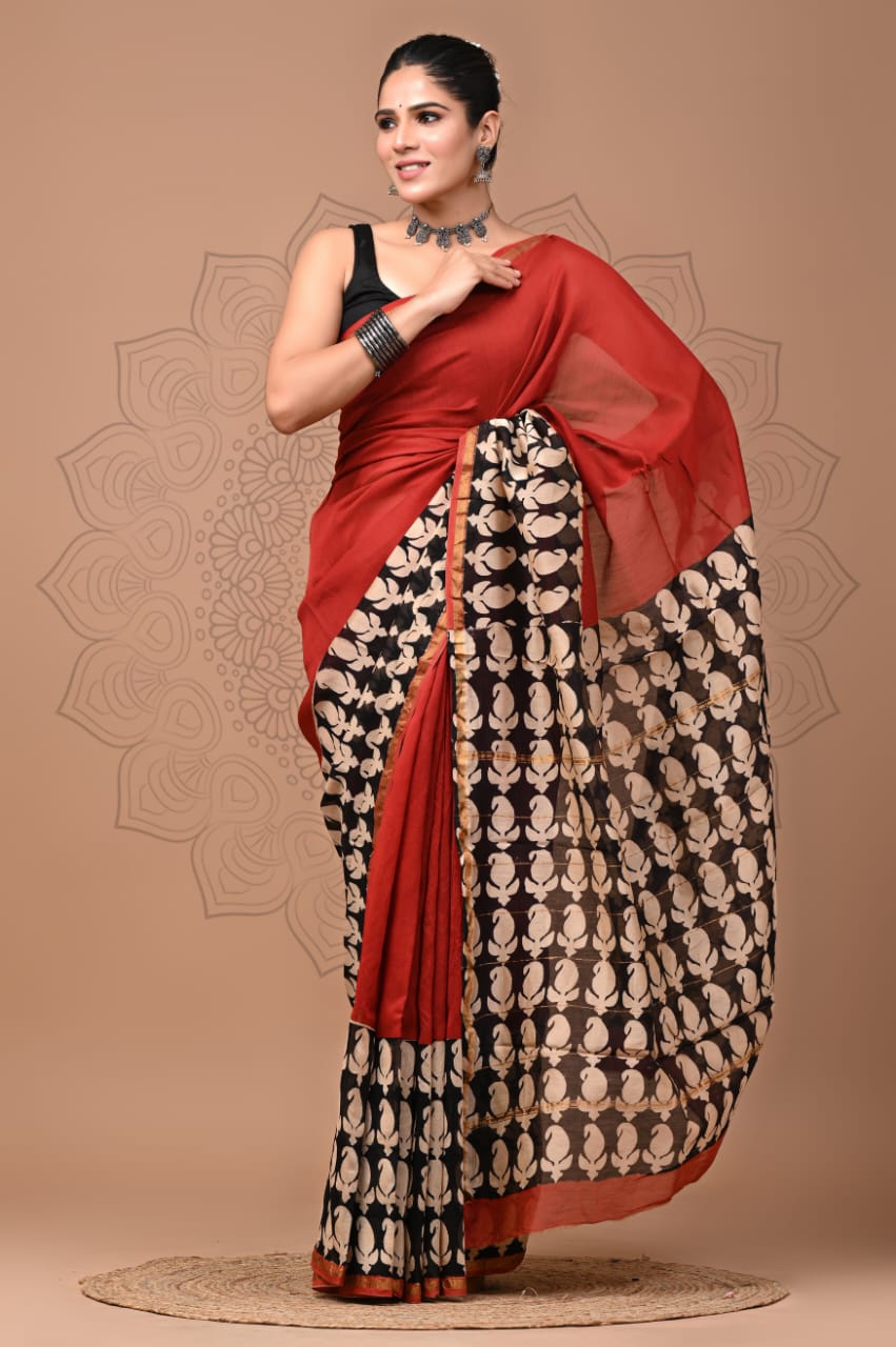 Elegant Hand block printed chanderi silk Saree