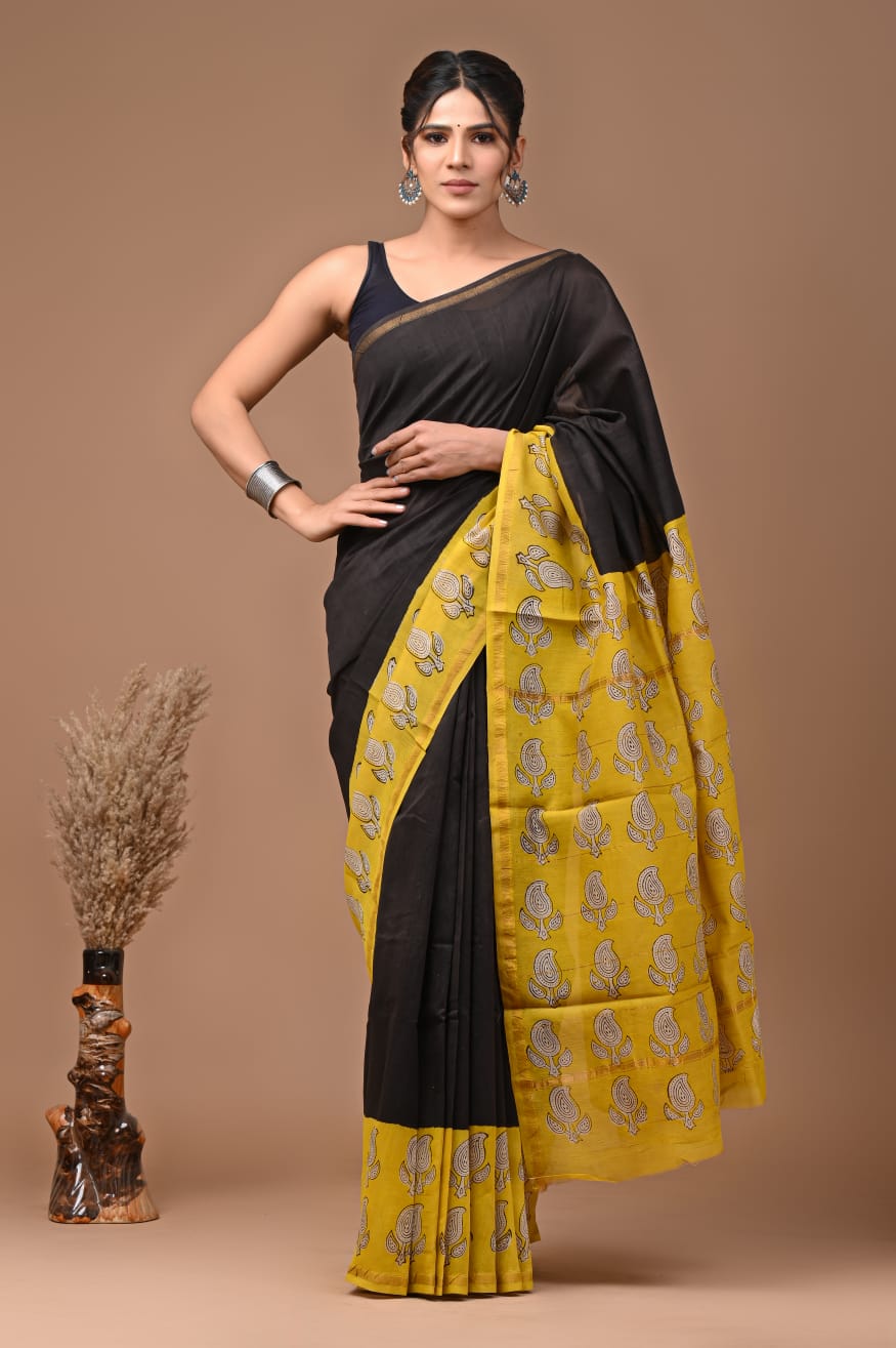 Elegant Hand block printed chanderi silk Saree