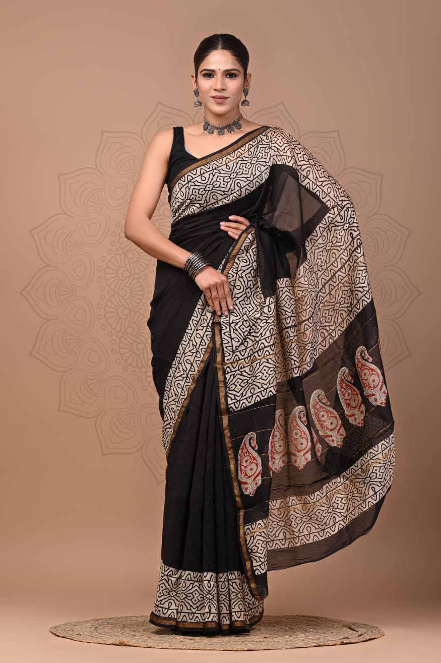 Elegant Hand block printed chanderi silk Saree