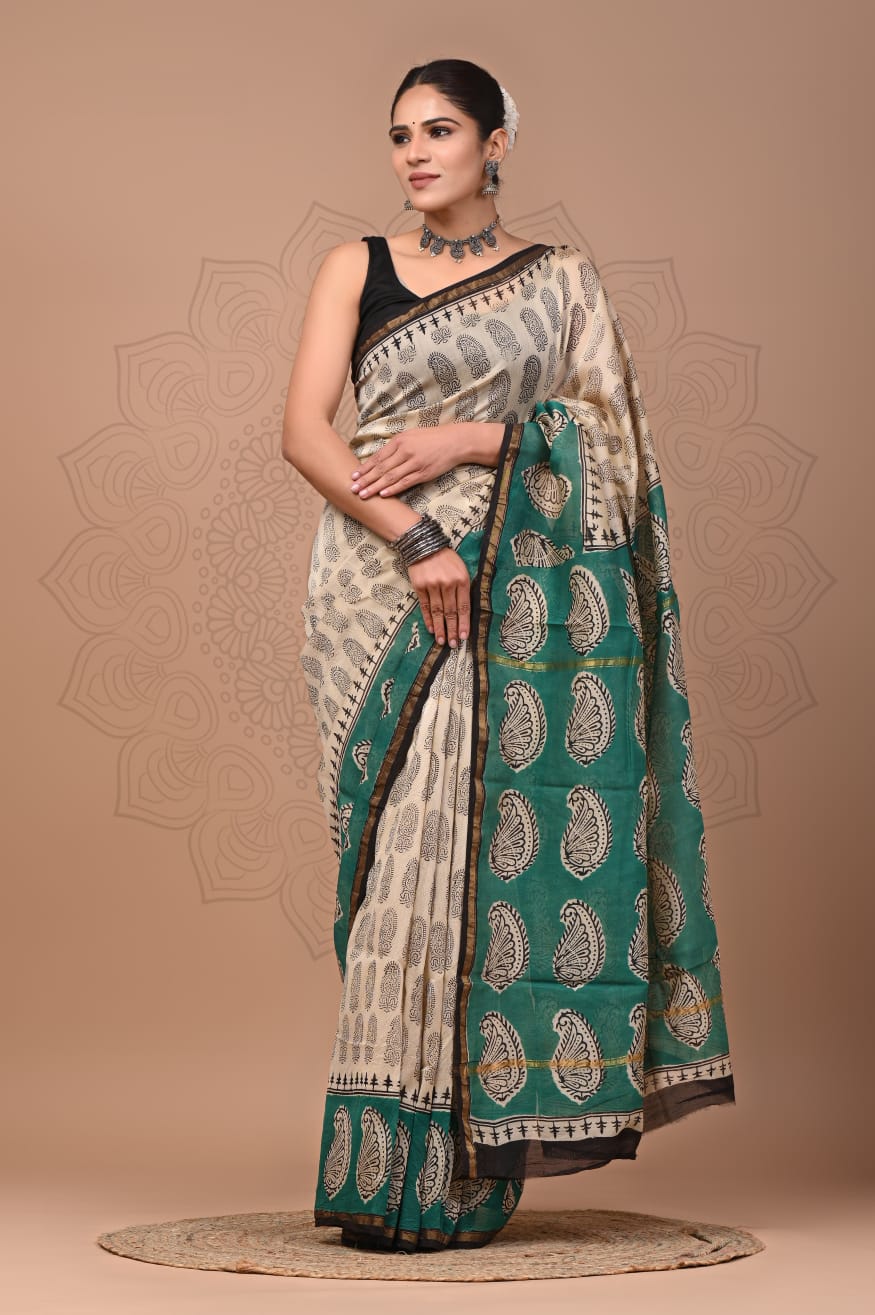 Elegant Hand block printed chanderi silk Saree