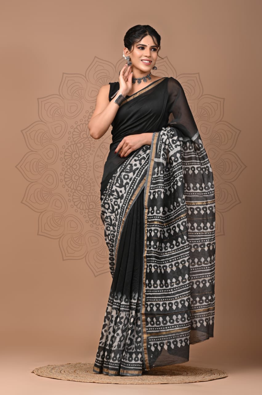 Elegant Hand block printed chanderi silk Saree