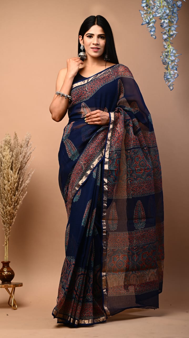Elegant Handblock Kota Doria Saree | Festive Collection