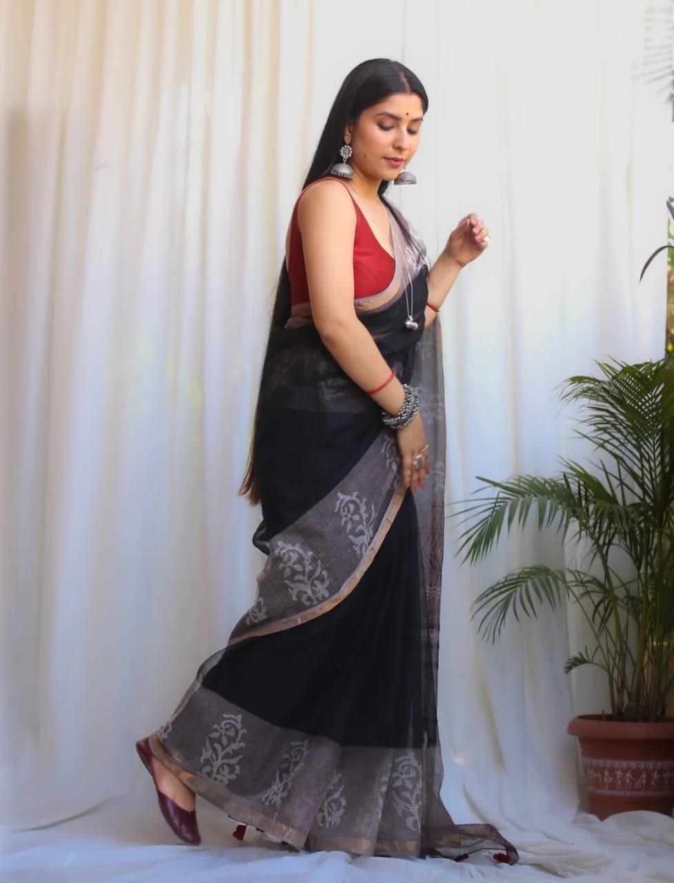 Elegant Handblock Kota Doria Saree for Festive Events