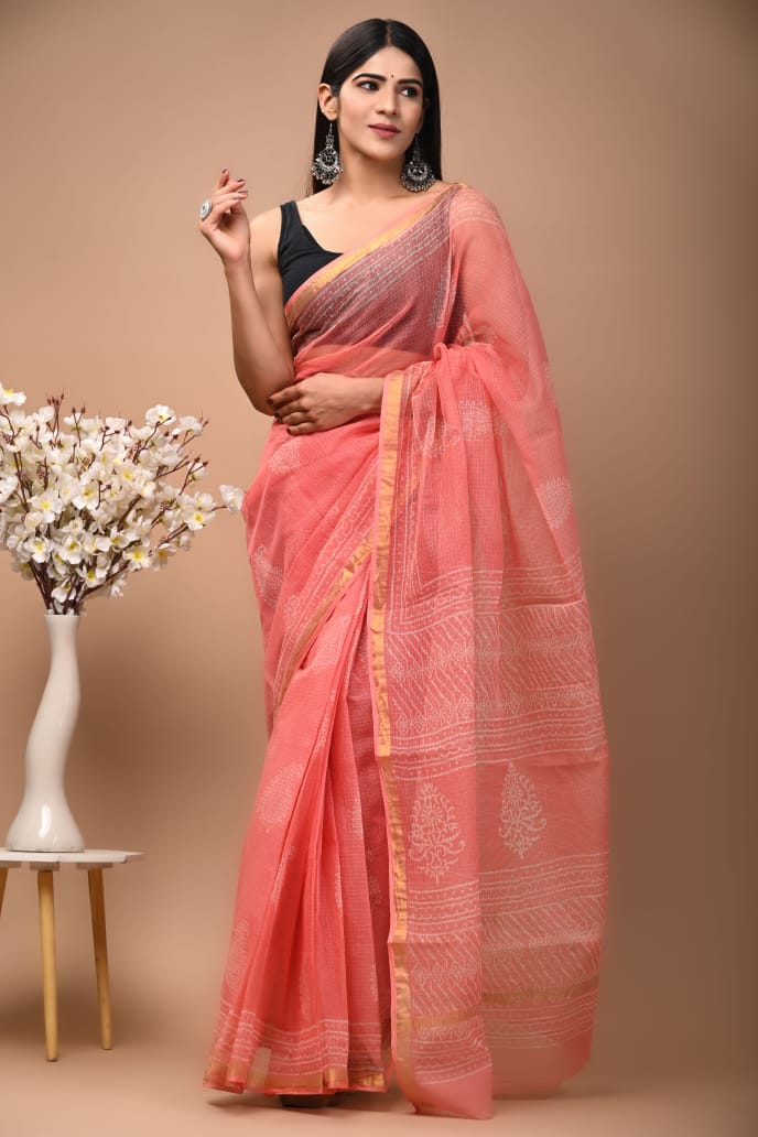 Elegant Handblock Kota Doria Saree for Festive Events