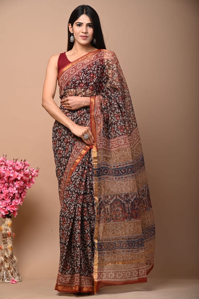 Elegant Handblock Kota Doria Saree for Festive Events