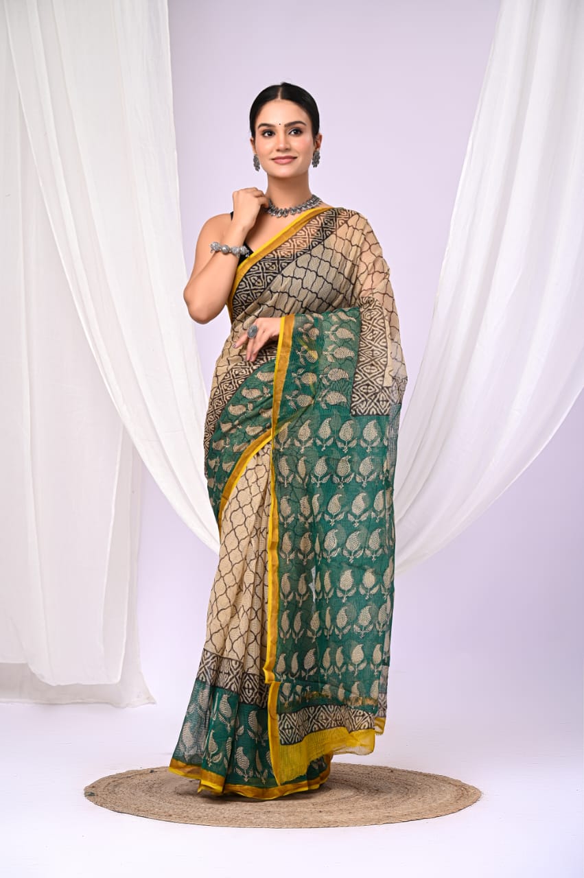 Elegant Handblock Kota Doria Saree for Festive Events