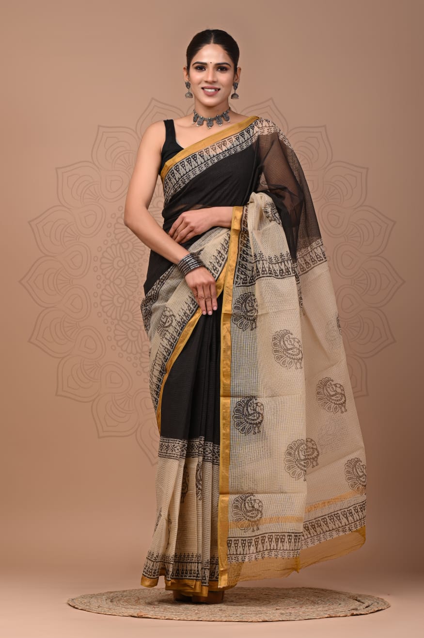 Elegant Handblock Kota Doria Saree for Festive Events