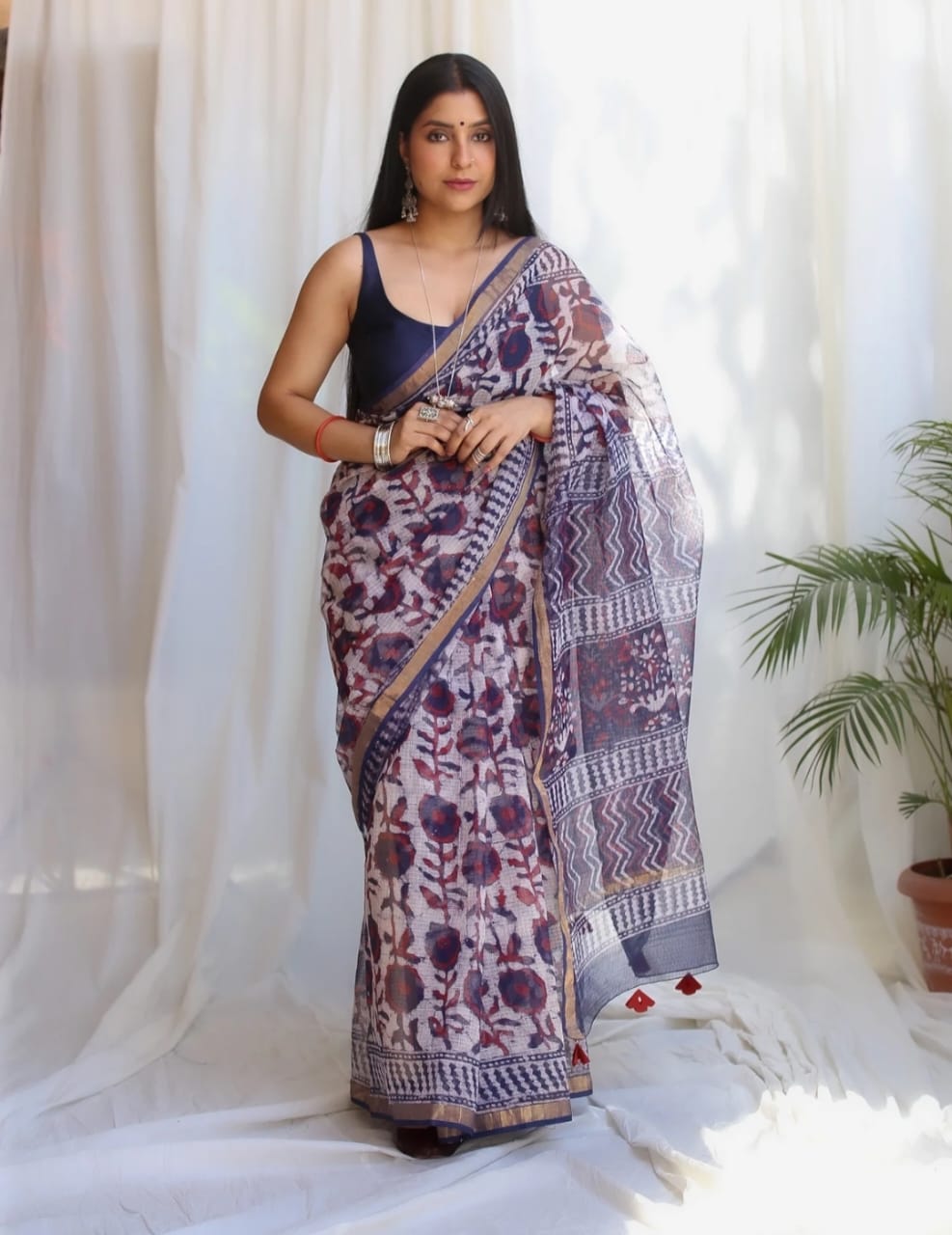 Elegant Handblock Kota Doria Saree for Festive Events