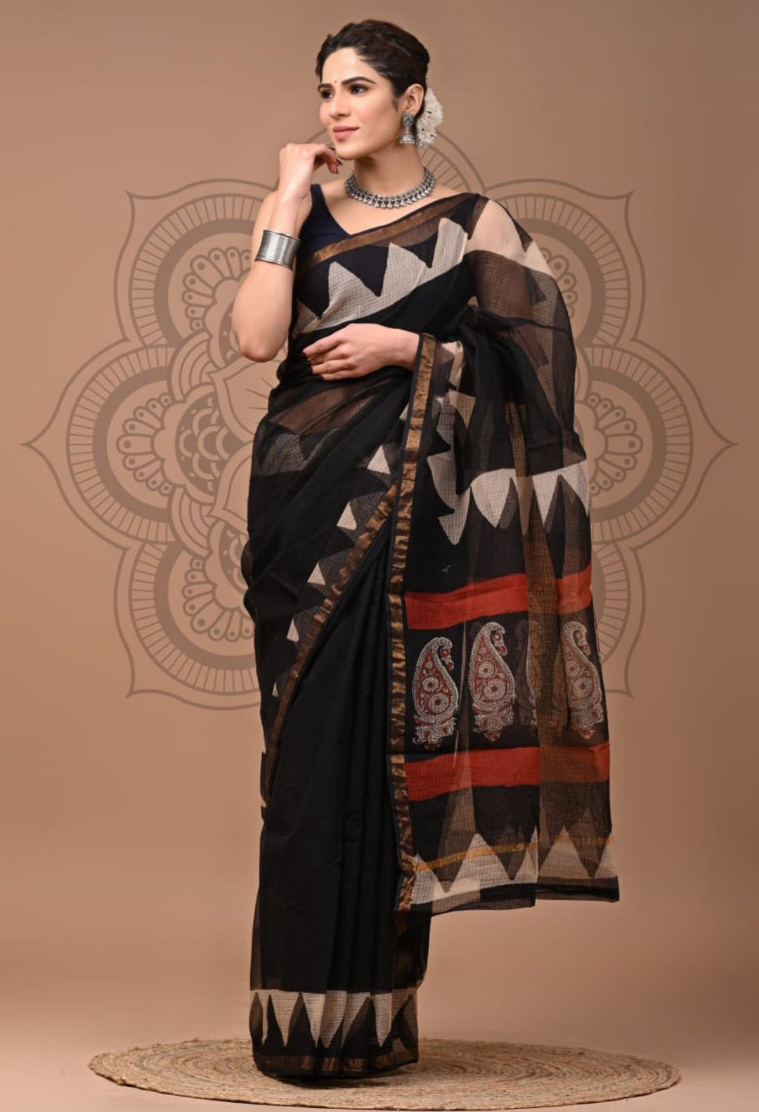 Elegant Handblock Kota Doria Saree for Festive Events