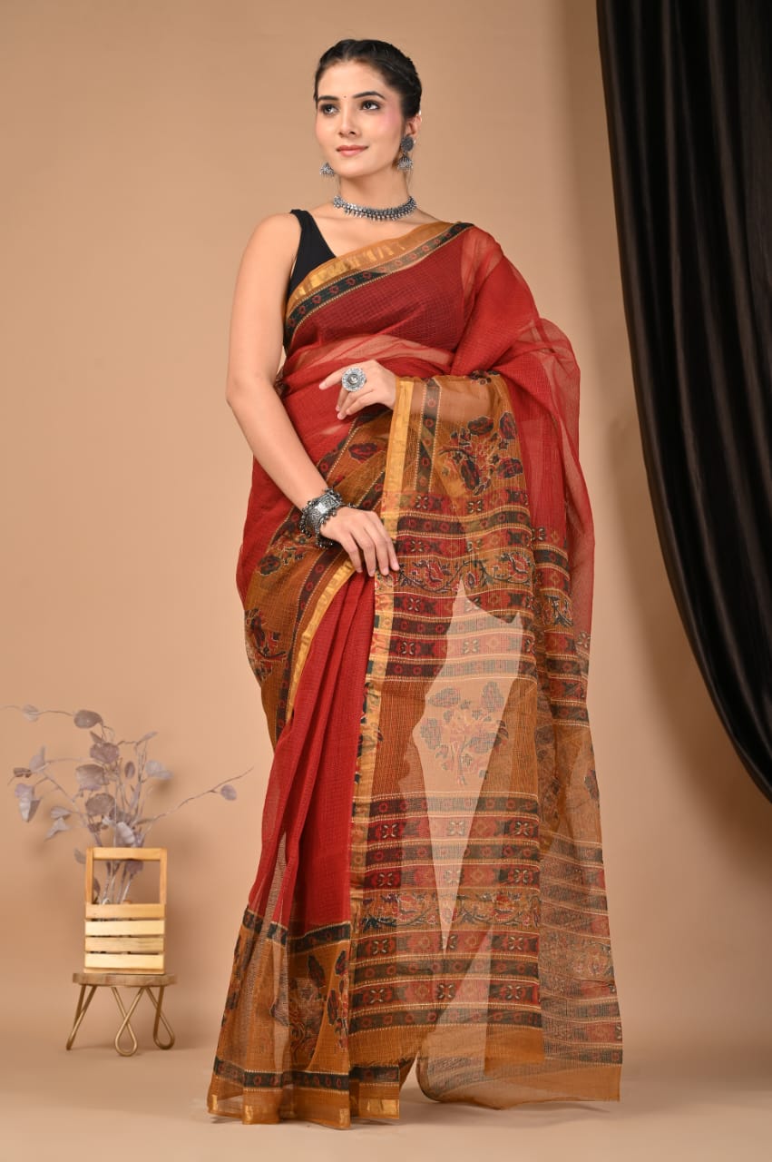 Elegant Handblock Kota Doria Saree for Festive Events