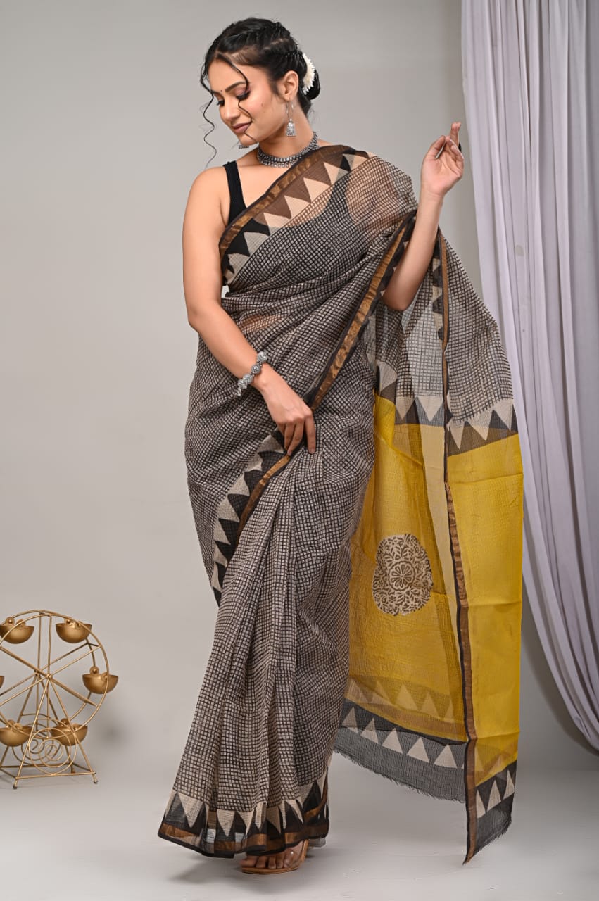 Elegant Handblock Kota Doria Saree for Festive Events