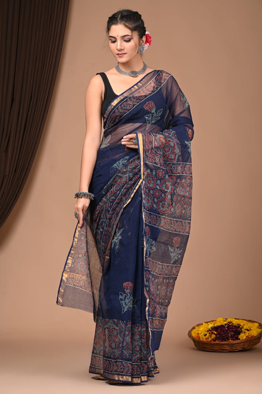 Elegant Handblock Kota Doria Saree for Festive Events