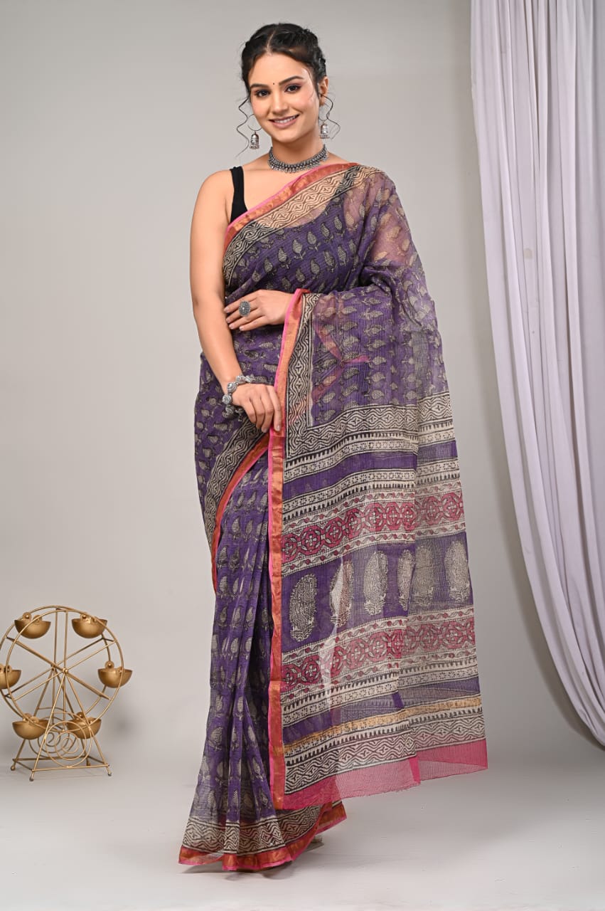 Elegant Handblock Kota Doria Saree for Festive Events