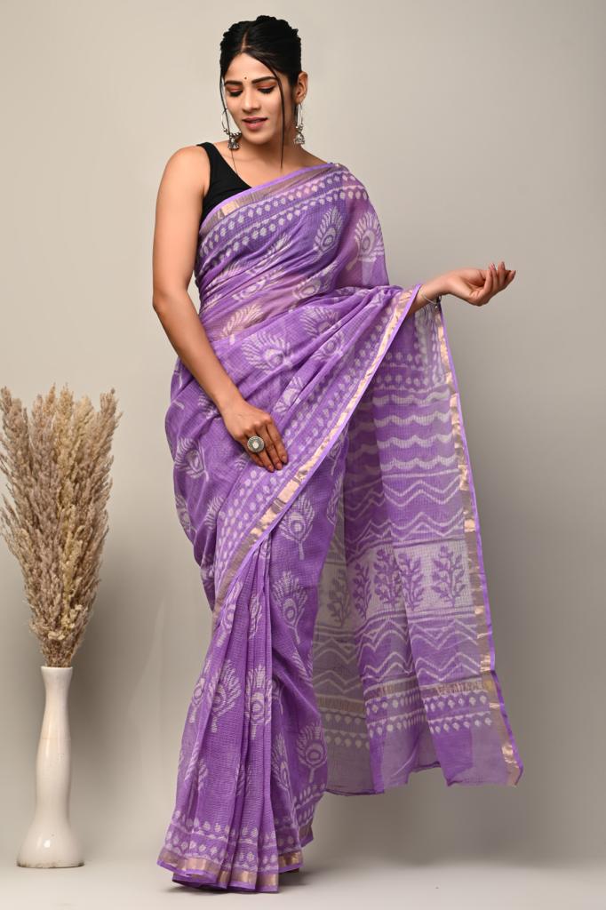 Elegant Handblock Kota Doria Saree for Festive Events
