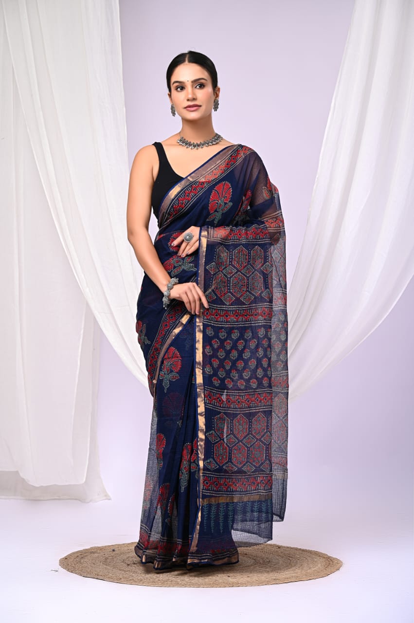 Elegant Handblock Kota Doria Saree for Festive Events