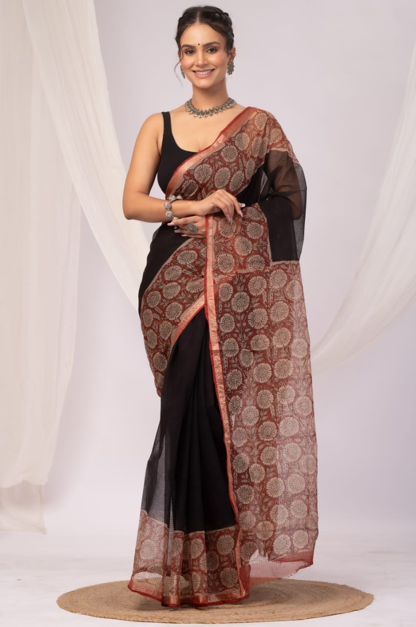 Elegant Handblock Kota Doria Saree for Festive Events