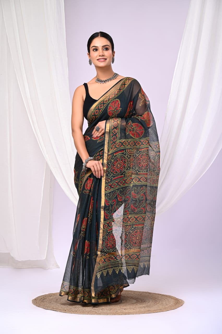 Elegant Handblock Kota Doria Saree for Festive Events