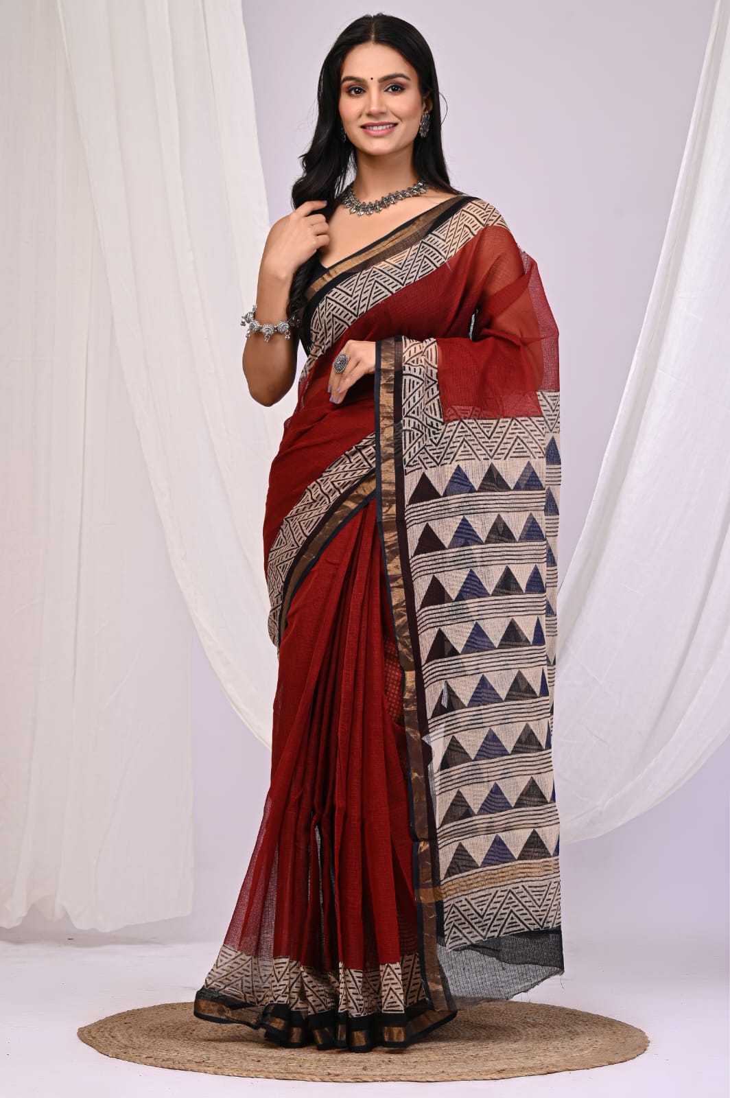 Elegant Handblock Kota Doria Saree for Festive Events