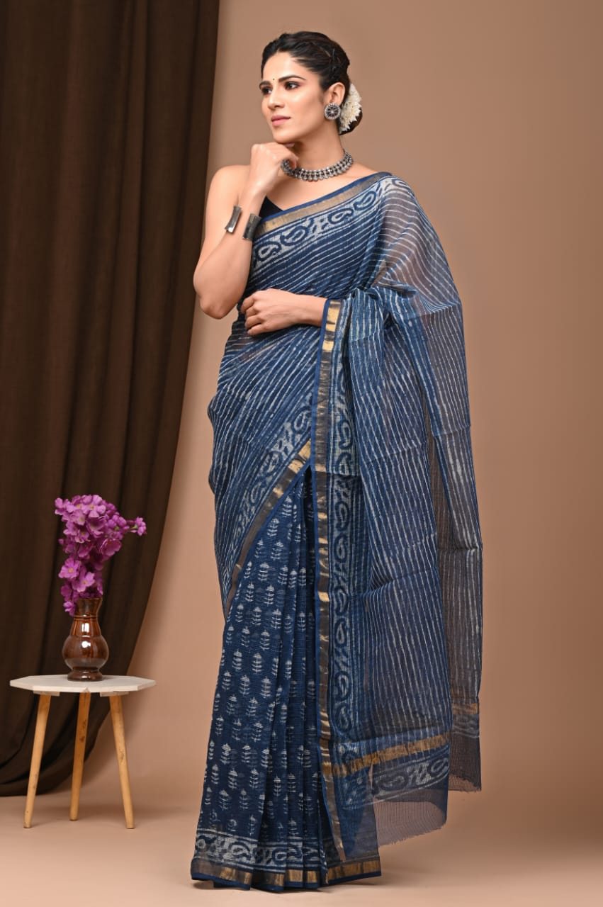 Elegant Handblock Kota Doria Saree for Festive Events