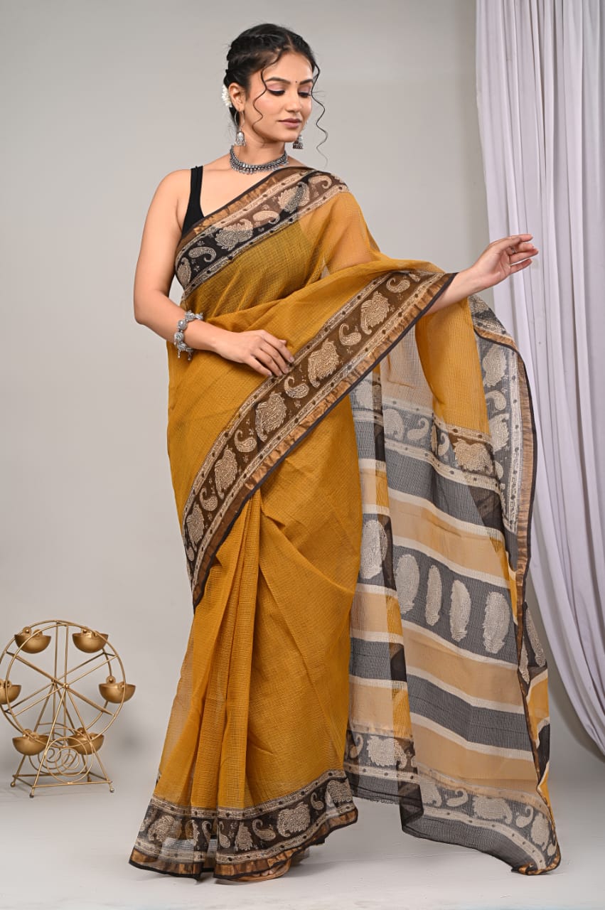 Elegant Handblock Kota Doria Saree for Festive Events