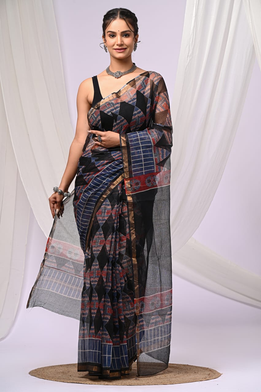 Elegant Handblock Kota Doria Saree for Festive Events