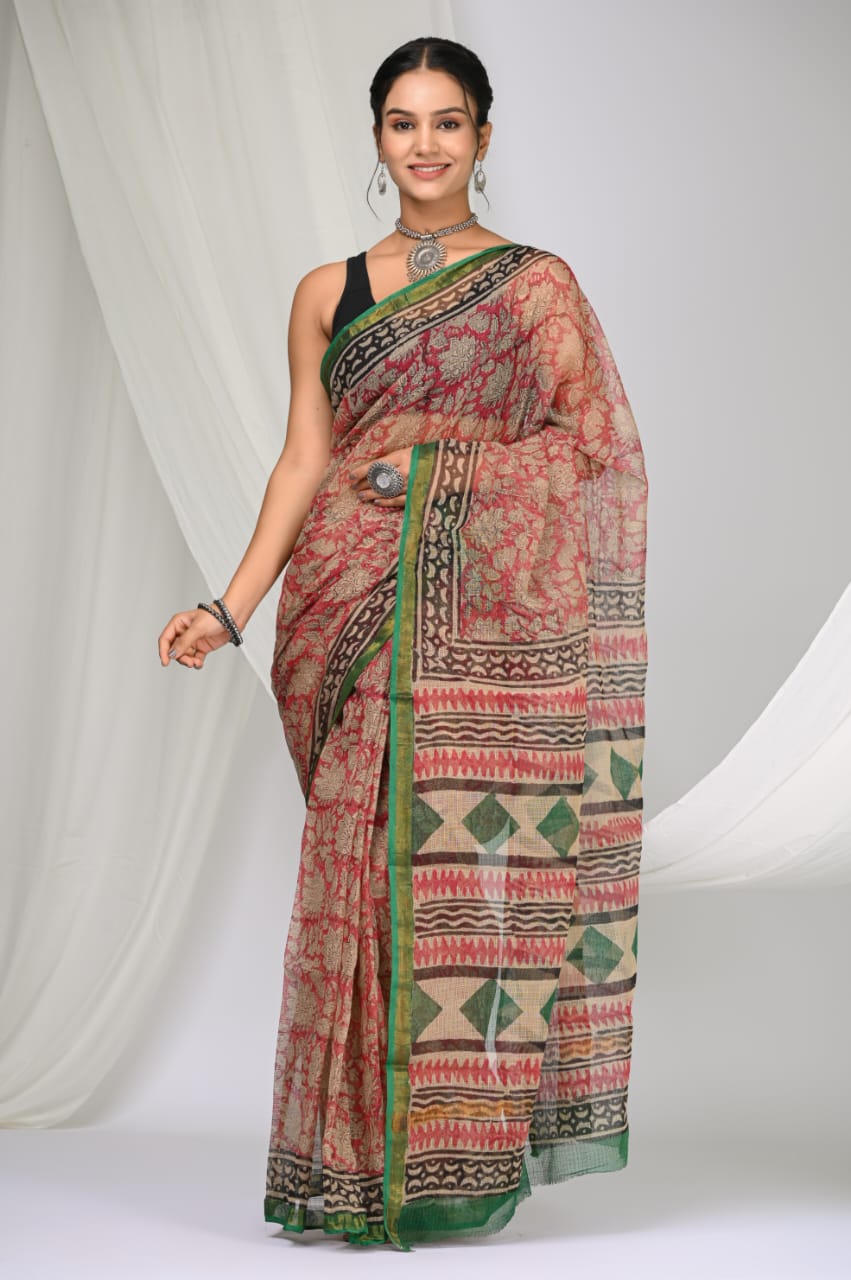 Elegant Handblock Kota Doria Saree for Festive Events