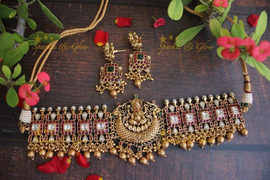 Elegant Kemp Ganesha carved choker with Gold beads - Sparkle and Glow