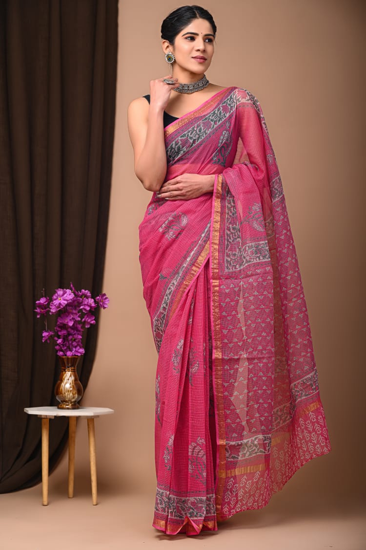 Elegant Handblock Kota Doria Saree for Festive Events
