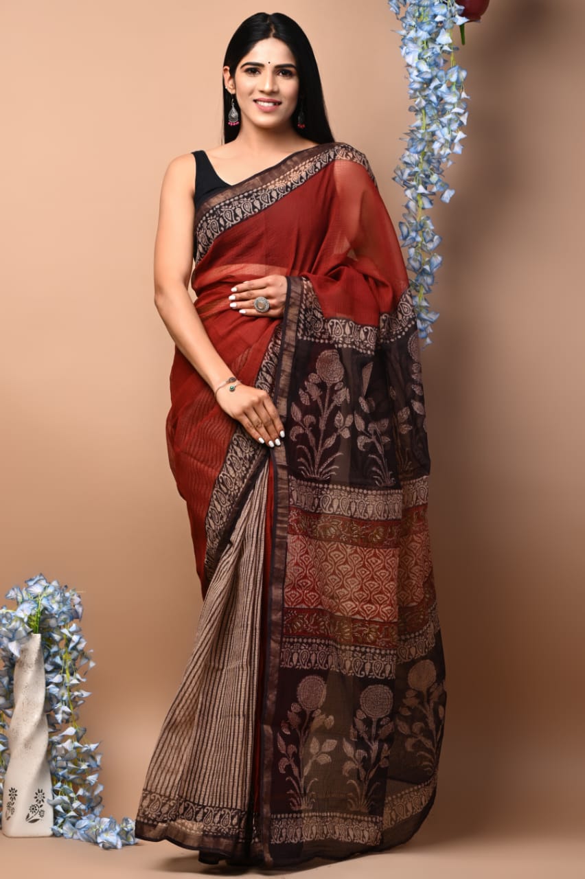 Elegant Handblock Kota Doria Saree for Festive Events