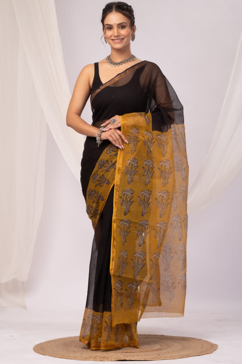 Elegant Handblock Kota Doria Saree for Festive Events