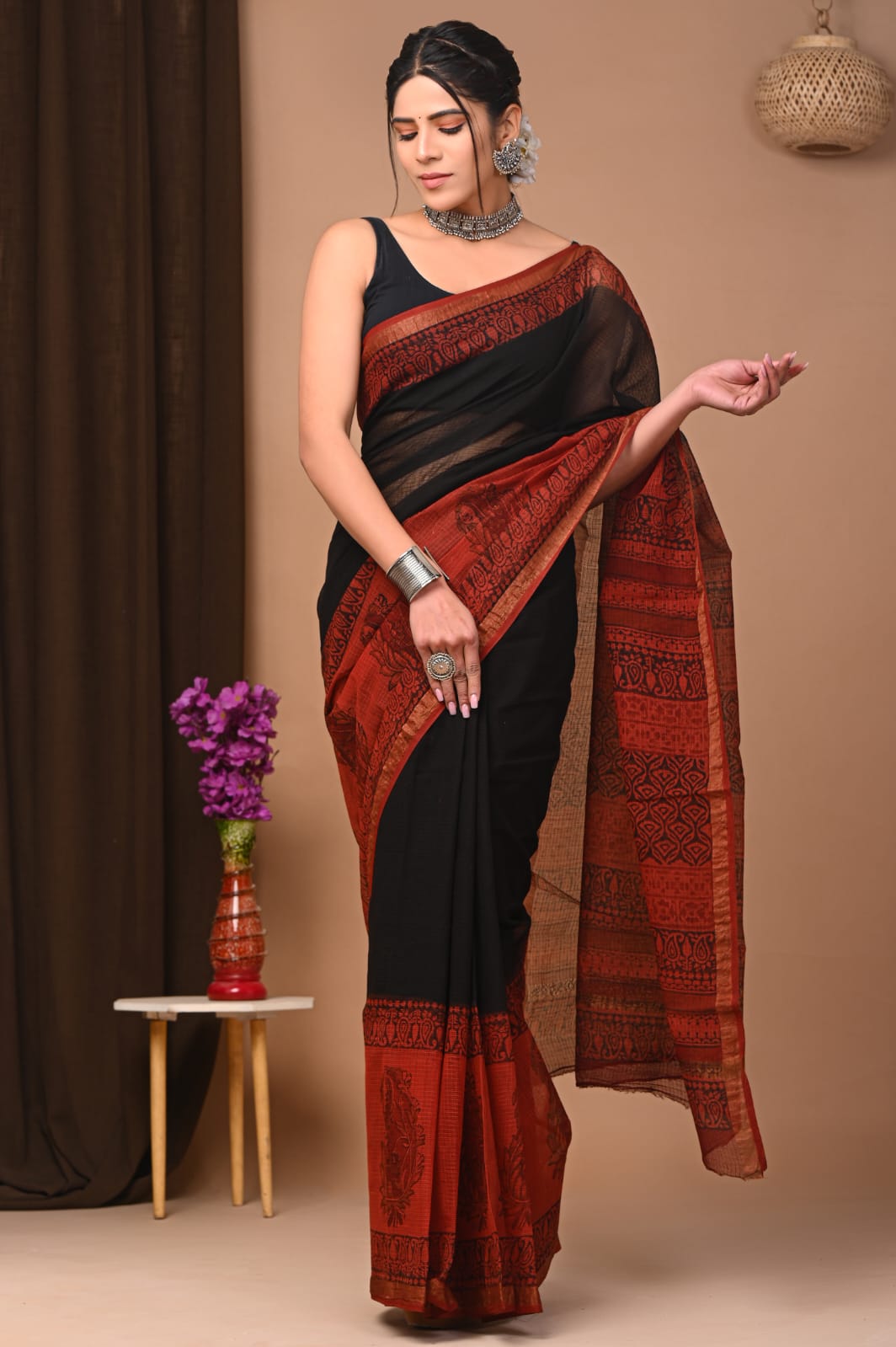 Elegant Handblock Kota Doria Saree for Festive Events