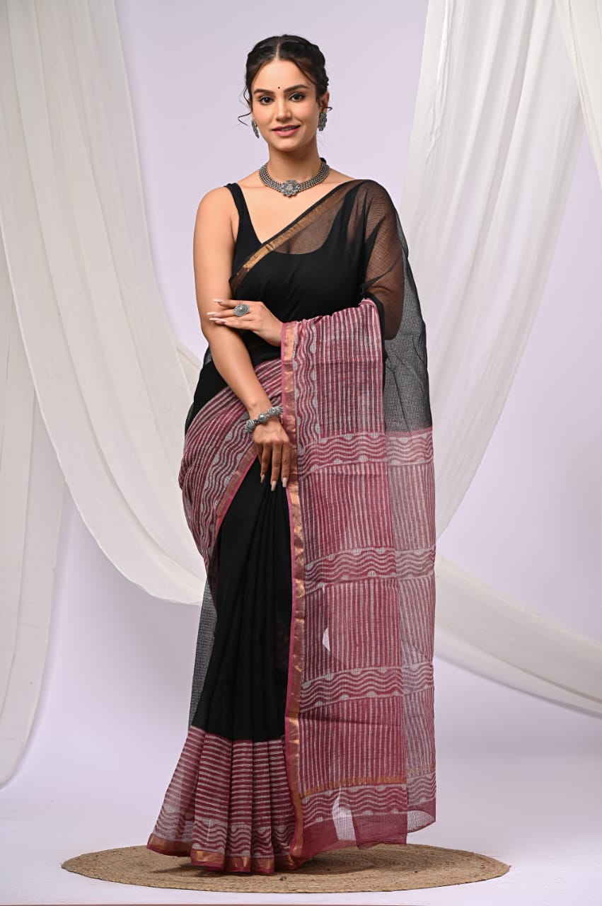 Elegant Handblock Kota Doria Saree for Festive Events