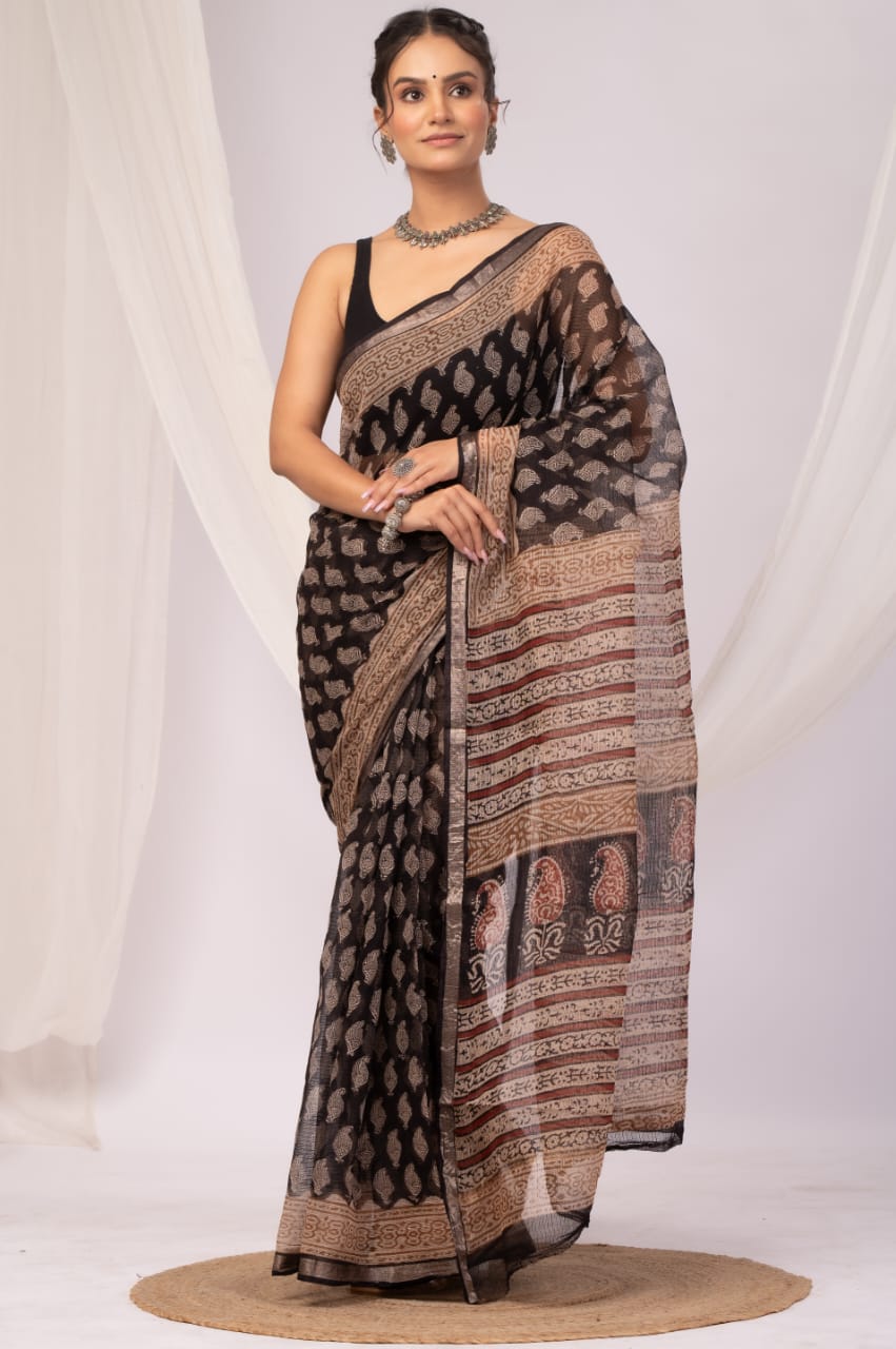 Elegant Handblock Kota Doria Saree for Festive Events