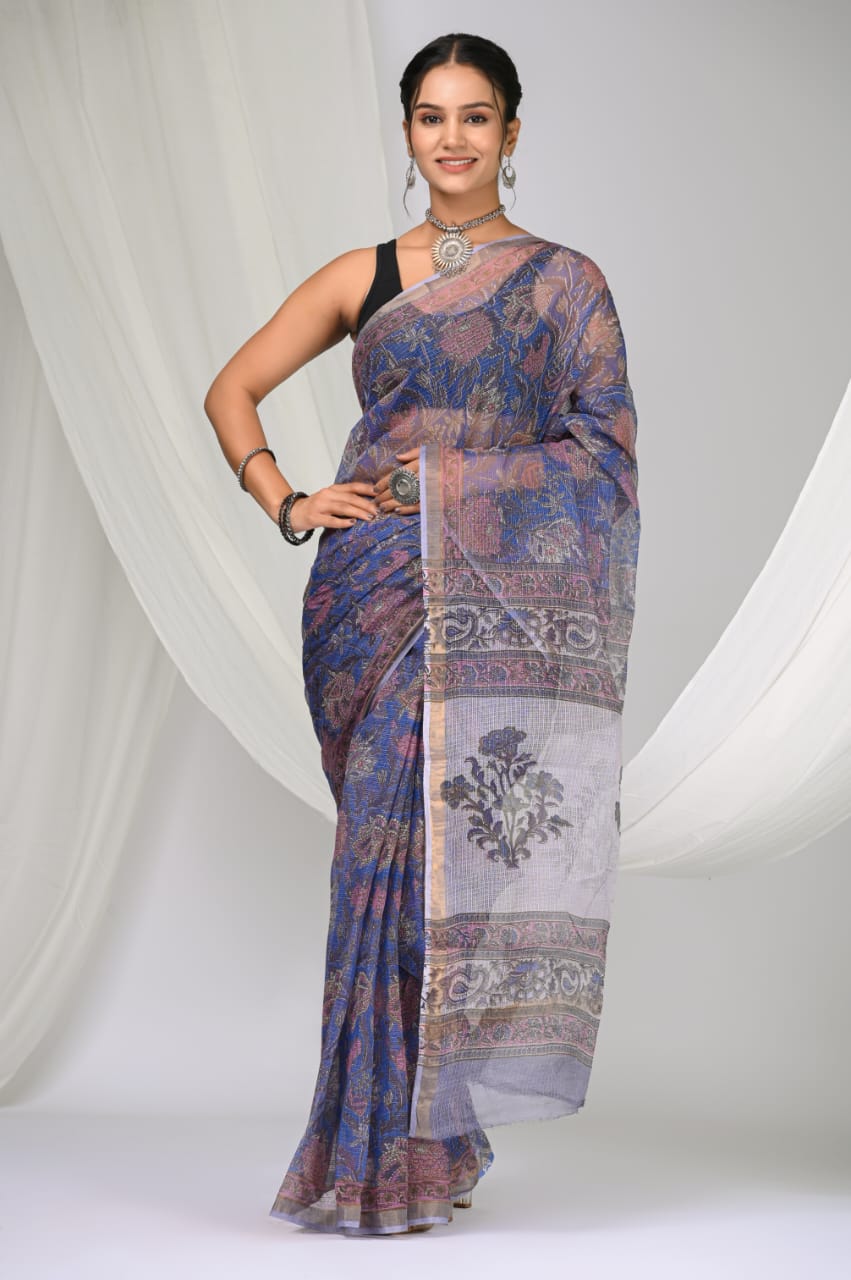 Elegant Handblock Kota Doria Saree for Festive Events