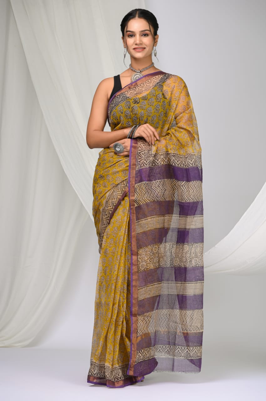 Elegant Handblock Kota Doria Saree for Festive Events