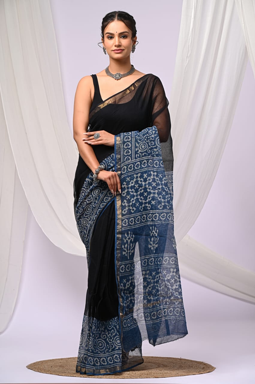 Elegant Handblock Kota Doria Saree for Festive Events